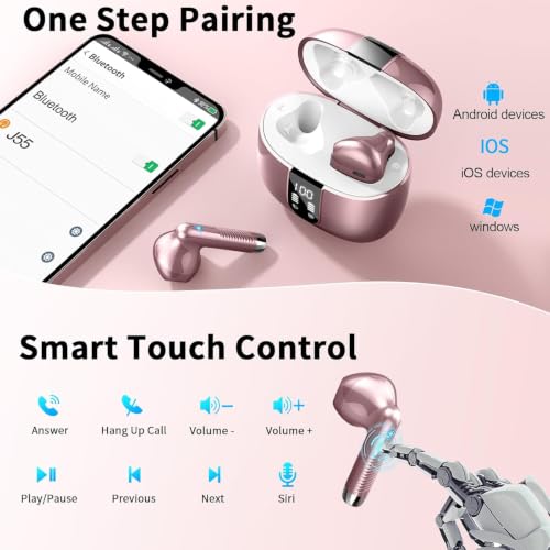 Wireless Earbuds, 2026 Bluetooth 5.4 Headphones Bass Stereo, Ear Buds with 4 Mics ENC Noise Cancelling, Bluetooth Earbuds 56H Playtime LED Display Rose Gold - color: Rose gold