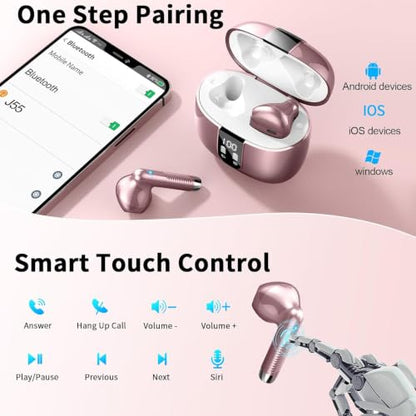 Wireless Earbuds, 2026 Bluetooth 5.4 Headphones Bass Stereo, Ear Buds with 4 Mics ENC Noise Cancelling, Bluetooth Earbuds 56H Playtime LED Display Rose Gold - color: Rose gold