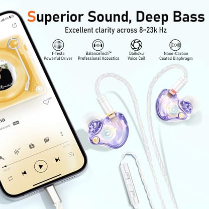 Audiovance Vibes 202ML HiFi Wired Earbuds for iPhone 14/13/12/11/X, Pro Max - color: A-Light Purple