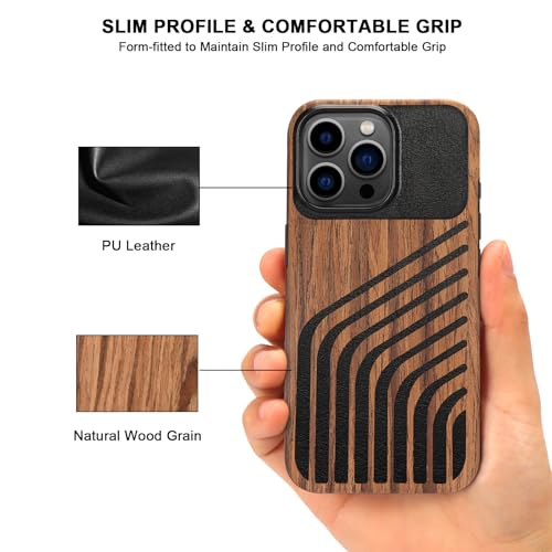 TENDLIN Magnetic Case Compatible with iPhone 15 Pro Case Wood Grain with Carbon Fiber Texture Design Leather Hybrid Slim Cover (Compatible with MagSafe) Hairline - color: Magnetic Hairline, size: iPhone 15 Pro