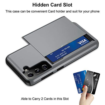 Jiunai for Samsung Galaxy S21 Case Wallet Credit Card IDs Cash Holder Grey | Slide Cover Dual Layer Hybrid Protective Hard PC Soft TPU Rubber Cover Phone Case for Samsung Galaxy S21 5G 6.2'' Women Men - color: Grey
