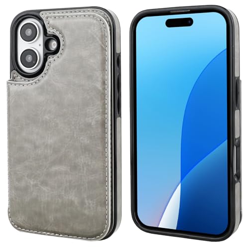 ONETOP for iPhone 16 Wallet Case with Credit Card Holder,Gray | Kickstand,ID/Cash Holder,Case Wallet with Card Slots,Double Magnetic Clasp,Durable PU Leather Shockproof Cover for Women Men - color: Gray
