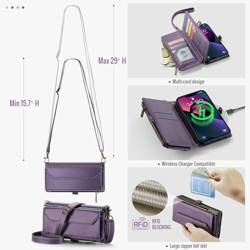 Strapurs Wallet Case Compatible with iPhone 13 RFID Blocking 7-Card Holder Soft PU Leather Magnetic Snap Shoulder Strap Zipper Pocket Phone Case Fit for iPhone 13 for Women 6.1" - Purple | RFID Blocking 7-Card Holder, Shoulder Lanyard, Wirst Strap, Zipper