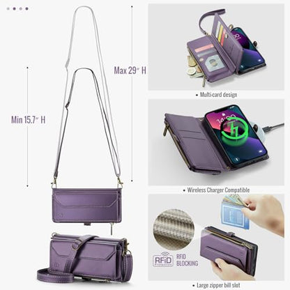 Strapurs Wallet Case Compatible with iPhone 13 RFID Blocking 7-Card Holder Soft PU Leather Magnetic Snap Shoulder Strap Zipper Pocket Phone Case Fit for iPhone 13 for Women 6.1" - Purple | RFID Blocking 7-Card Holder, Shoulder Lanyard, Wirst Strap, Zipper