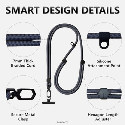 Adjustable Crossbody Phone Lanyard, Braided Cord with Tether Tab - color: Gray