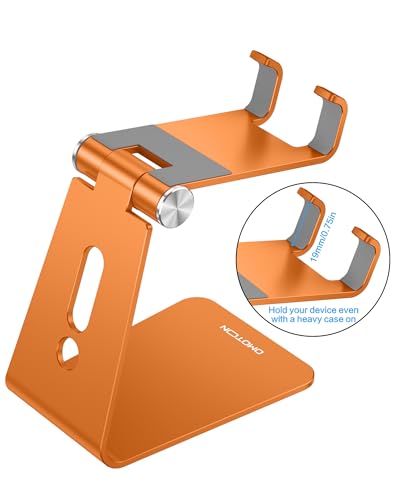 OMOTON Adjustable Cell Phone Stand, Aluminum Desktop Cellphone Stand with Anti-Slip Base and Convenient Charging Port, Fits All Smart Phones, Orange - color: Orange