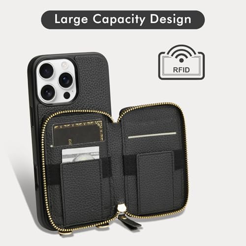 LAMEEKU Compatible with iPhone 16 Pro Wallet Case with Card Holder, Zipper Leather Crossbody Case with Phone Grip Holder Stand Wrist Strap for Women 6.3 inch Black - color: Black, size: iPhone 16 Pro 6.3''