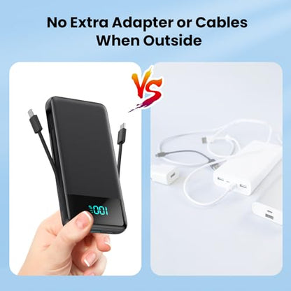 Portable Charger for iPhone with Built-in Cables and Wall Plug,Upgraded 13800mAh Fast Charging USB C Power Bank,4 Outputs Slim Travel Essential Battery Pack for iPhone 17/16/15/14/13,Galaxy,Android - color: Black