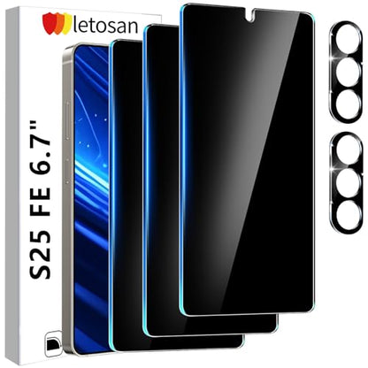 letosan 3 Pack Privacy Screen Protector for Samsung Galaxy S25 FE Tempered Glass + 2 Pack Camera Lens Protector, True 25°Anti Spy, 9H+ Hardness, Fingerprint Unlock, Case Friendly Bubble-Free 6.7Inch - size: galaxy S25 FE-6.7 Inch