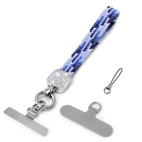 Elastic Phone Lanyard with Phone Tabs, Stretchy Braided Cellphone Wrist Strap and Keys Keychain - color: Bling Blue