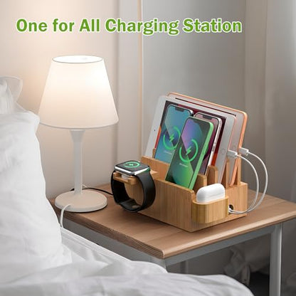 Pezin & Hulin Bamboo Charging Station for Phone, Watch&Earbud with 5 Cables - color: Dock Stand +Cables