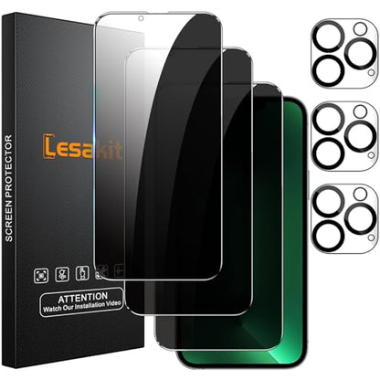 Lesakit 3+3 Pack Privacy Screen Protector for iPhone 13 Pro Max 6.7-Inch with 3 Pack Camera Lens Protector, Anti Spy Tempered Glass Film 9H Hardness Bubble Free Case Friendly - size: iPhone 13 Pro Max