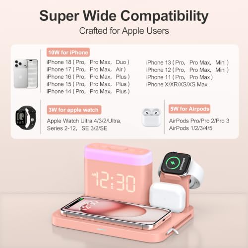 ANJANK 5 in 1 Wireless Charging Station with Alarm Clock,7 Night Light & 0-100% Dimmer,Qi Mag-Safe Charger Stand for Apple Devices - for iPhone 17 16 15 14 13 12 Pro Max Plus Air,Apple Watch,Airpods - color: Pink