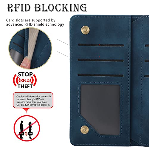 RANYOK Wallet Case Compatible with iPhone 13/14 (6.1 inch), Premium PU Leather Zipper Flip Folio Wallet RFID Blocking with Wrist Strap Magnetic Closure Built-in Kickstand Protective Case (Blue) - color: Blue