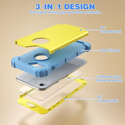 IDweel for iPhone 8 Case with Screen Protector,for iPhone 7 Case, 3 in 1 Shockproof Hybrid Heavy Duty Hard PC Cover Soft Silicone Sturdy Bumper Full Body Sturdy Case,Yellow/Peace Blue Blue - color: Yellow/Peace Blue