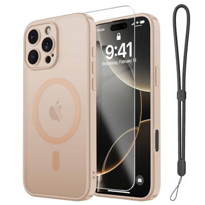 Magnetic Case for iPhone 16 Pro Case with Screen Protector+Wrist Strap | Compatible with MagSafe,Full Camera Protection,Slim Translucent Matte Phone Cover,Sand Pink - color: Sand Pink