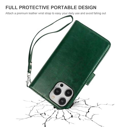Bocasal Detachable Wallet Case Card Holder for iPhone 15 Pro Max Green | RFID Blocking Kickstand Card Slots Holder PU Leather Magnetic Shockproof Wrist Strap Removable Flip Protective Cover 6.7 inch - color: Green