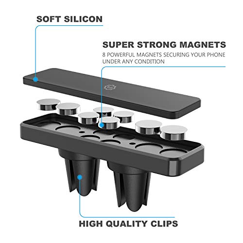 Magnetic Mount, Universal Air Vent Magnetic Phone Holder for Car, for Cell Phones and Mini Tablets,with Double Prongs and Extra Strong with 8 Magnets for Big Phones!