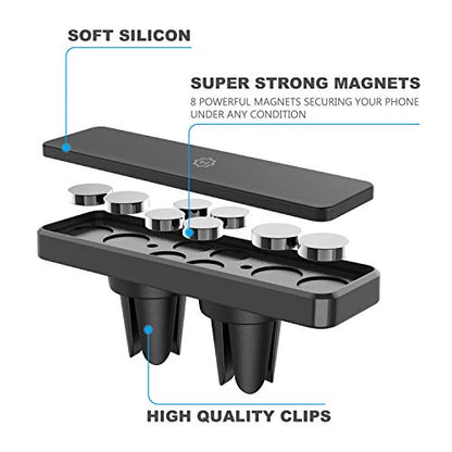 Magnetic Mount, Universal Air Vent Magnetic Phone Holder for Car, for Cell Phones and Mini Tablets,with Double Prongs and Extra Strong with 8 Magnets for Big Phones!