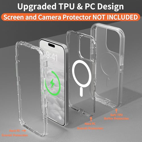 Follaroma Magnetic for iPhone 15 Pro Case,Heavy Duty Phone Cases,Clear,6.1" | Compatible with MagSafe, Heavy Duty Shock proof Protection, Military-Grade Anti-Drop, Dual Layer Transparent Protective Cover - color: Clear, size: iPhone 15 Pro 6.1''