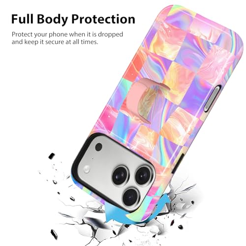 KANGHAR Compatible with iPhone 17 Pro Case Checkered -Iridescent | Silicone Cute Pattern, Finger Hold Wristband Kickstand Camera Protection Soft Slim Phone Case for Girls Women - color: (Checkered)Iridescent Gradient, size: iPhone 17 Pro
