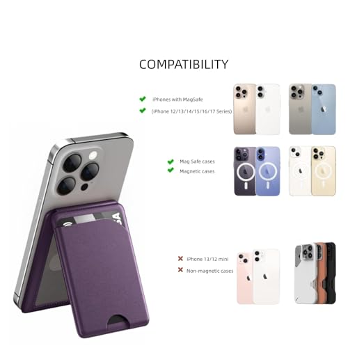 Magnetic Wallet for Mag-Safe with Adjustable Stand, 5 Card Holder, RFID Blocking,Upgraded Leather Card Holder Wallets Compatible with iPhone 17 16 15 14 13 12 Series - color: Deep purple folding support