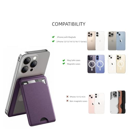 Magnetic Wallet for Mag-Safe with Adjustable Stand, 5 Card Holder, RFID Blocking,Upgraded Leather Card Holder Wallets Compatible with iPhone 17 16 15 14 13 12 Series - color: Deep purple folding support