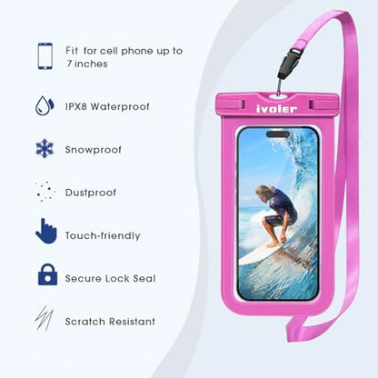 ivoler 2-Pack Waterproof Fanny Pack & Phone Pouch, Dry Bag for Passport, Phone & Wallet, Floating Waterproof Phone Case for Beach, Swimming, Kayaking, Boating, Cruise Essentials & Travel Pink | Swimming & Travel, Long Adjustable Waist Strap, IPX8 Dry Case