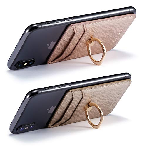 2Pcs RFID Leather Card Holder for Phone, Stick-On Wallet with Ring | Phone Wallet Stick On Back Of Phone Case. Adhesive For iPhone Wallet Holds Credit Cards/ID/Pockets. Viewing Freely Ring Stand - color: Rose/Gold