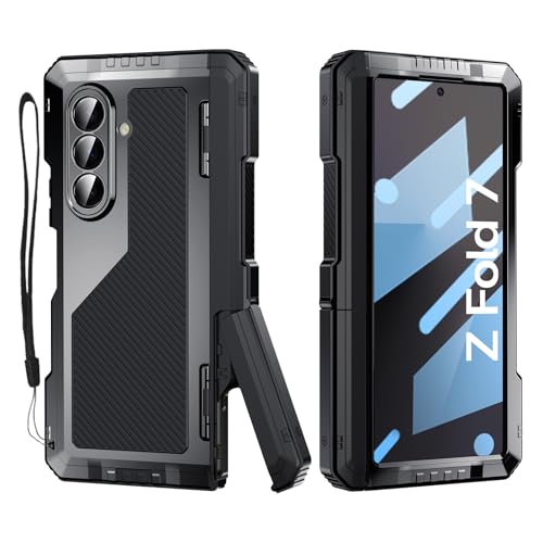 Rugged Armor Case for Samsung Galaxy Z Fold 7 5G, Military Grade Shockproof Protective with Kickstand, Built-in Screen Protector, Metal Bumper & Full Hinge Protection Cover, Black - color: Black