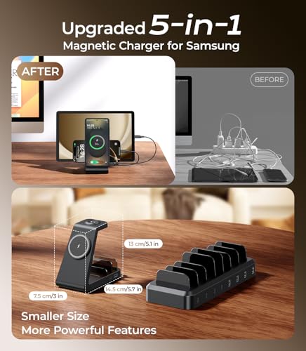 Magnetic Wireless Charger for Samsung, 5 in 1 Charging Station Compatible with MagSafe Samsung Charger for Galaxy S26/S25/Z Fold7/Flip7/Watch Ultra 8, Charger Dock Stand for All Galaxy Tab Series