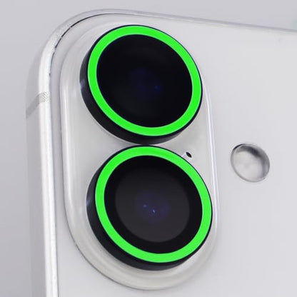 Luminous Camera Lens Protector for iPhone 16/16 Plus Individual Metal Ring Tempered Glass Glow in The Dark Lens Cover (2PCS) (Green, for iPhone 16/16 Plus) - color: Green