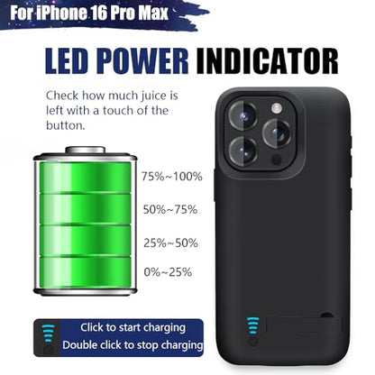 Battery Case for iPhone 16 Pro Max, 5000mAh Rechargeable Extended Battery Charging/Charger Case, Add 100% Extra Juice (6.9 inch) Black