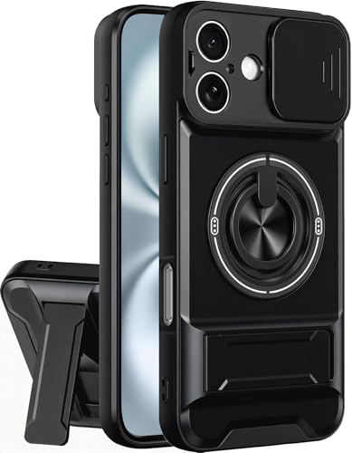 Dssairo for iPhone 16 case with 360°Rotation Magnetic Ring Compatible with MagSafe Slide Camera Cover Foldable Stand Military-Grade Shockproof Protective case (Black, iPhone 16) - color: Black, size: iPhone 16