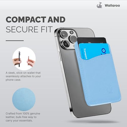 Wallaroo Premium Leather Cell Phone Wallet Stick On - Android and iPhone Wallet and Card Holder for Women and Men - Durable with Non-Slip Lining Secures Up to 3 Cards - color: Pastel Blue Leather
