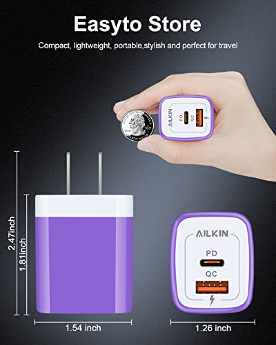 3Pack Dual Port USB-C Wall Plug-in USBC Charger, AILKIN 20W Power Delivery - color: Purple