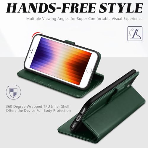 TUCCH Case Wallet for iPhone SE 2022/SE 2020/iPhone 8/7, Midnight Green | 3 Card Holders, Kickstand, PU Leather, Shockproof TPU Shell, Magnetic Closure, Protective Folio Cover - color: Midnight Green