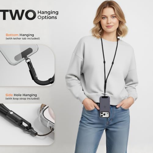 3-in-1 Phone Lanyard Crossbody/Neck/Wrist, Adjustable Strap with Tether Tab - color: Black