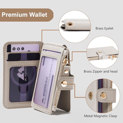 M-Plateau RFID Blocking Keychain Wallet With Leather Wrist Strap | Keychain Wristlet, Womens Card Holder with Zipper Coin Pocket and ID Window - color: Beige