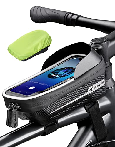 whale fall Bike Frame Bag, Molded Hard Shell, Reflective Bike Phone Holder | Waterproof Top Tube Bag with TPU Touchscreen, Fits Phones up to 7", Includes Rain Cover for Commuting and Night Riding - color: Black - Reflective Strip