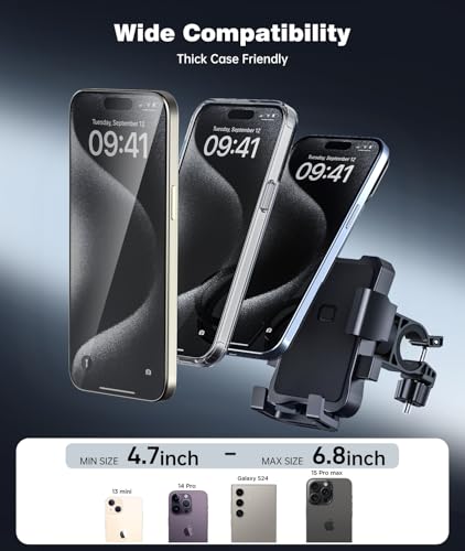 Bike Phone Holder Mount, Secure Handlebar Phone Mount Holder for Bike and Motorcycle, Suitable for iPhone and 4.5-6.8" Smartphones, Black