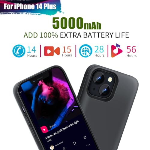 Battery Case for iPhone 14 Plus, 5000mAh Rechargeable Extended Battery Charging Charger Case, Add 100% Extra Juice (6.7 Inches) Black