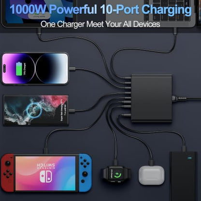 1000W USB C Charging Station with 240W USB C Cables - color: Black