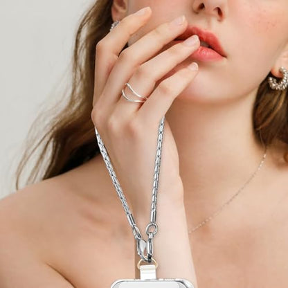 Phone Wrist Strap Metal Phone Chain Lanyard Hand Wristlet Detachable Phones Charm with 3 Tether Tabs with CellPhone Stand Holder Finger Grip Universal for Women Girls Traveling Party Walking Silver - color: T-Silver