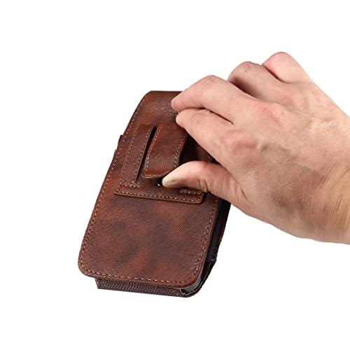 Cell Phone Belt Clip Holster Leather Men, Cell Phone Waist Bag with Card Holder, Vertical Leather Smartphone Pouch with Belt Loop Carry Case Travel Outdoor Camping Phone Belt Holder Wallet Fanny Pack - color: Brown, size: 7.2 INCH