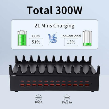24 Ports 300W Charging Station for Multiple Devices with 10 Cables