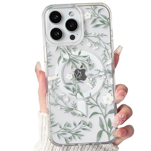 Lovmooful Magnetic for iPhone 16 Pro Case Cute Flower-Green Leaves | Compatible for MagSafe,Clear Floral,with Aesthetic Design,for Girls Women,Soft TPU+PC,Shockproof,Protective,Girly - color: Green Leaves, size: iPhone 16 Pro