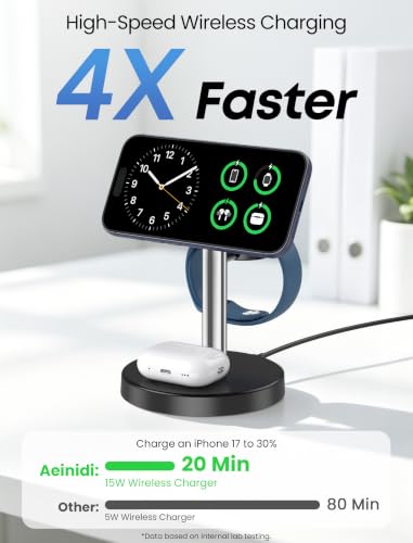 Aeinidi 3 in 1 Fast Wireless Charging Station for Apple MagSafe Charger - color: Silver Black, size: 15W