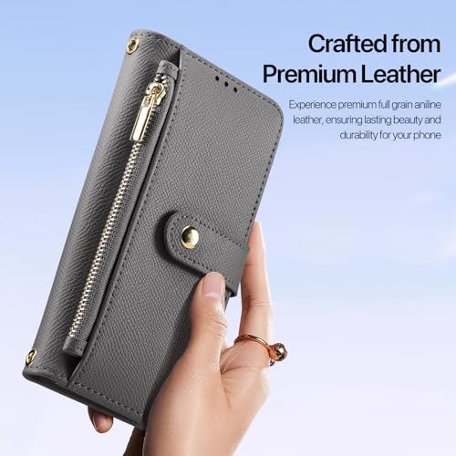 for iPhone 17 Pro Case Wallet, Detachable Magnetic Wallet Case | Compatible with Magsafe, RFID Blocking, Zipper Card Holder, PU Leather Flip Folio Case, Strap Wallet Case - color: Gray, size: iPhone 17