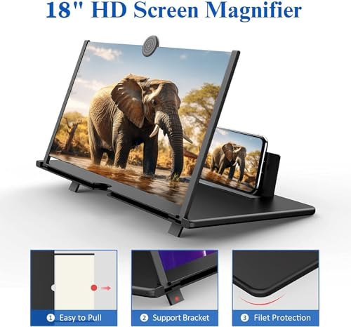 18" Screen Magnifier for Cell Phone – 3D HD Magnifing Screen Enlarger Projector for Movies Videos and Gaming – Foldable Phone Stand Holder with Screen Amplifier–Compatible with All Smartphones - color: Black-18''